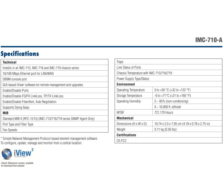 研華IMC-710-A Managed Modular Media Converter, 100Mbps, SNMP (also known as MediaChassis 850-39950)