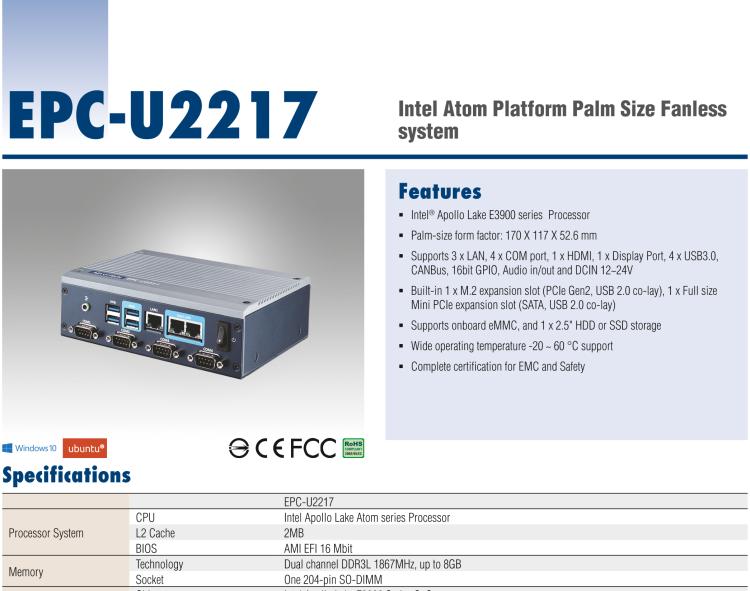 研華EPC-U2217 Intel Atom第六代Apollo Lake無風(fēng)扇嵌入式工控機，3LAN，板載eMMC，CANBUS