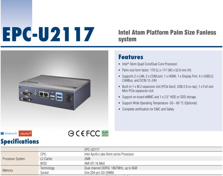 研華EPC-U2117 Intel Atom第六代Apollo Lake無風扇嵌入式工控機，板載eMMC，CANBUS