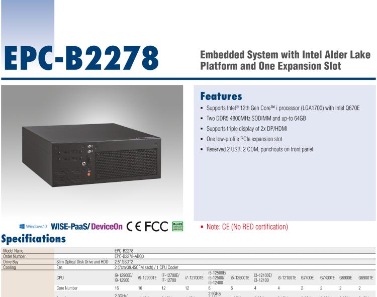 研華EPC-B2278 適配Intel 第12代 Core i 系列處理器，搭載Q670E芯片組。2U高度，精簡尺寸，性能強勁，是小尺寸高性能場景的理想解決方案。