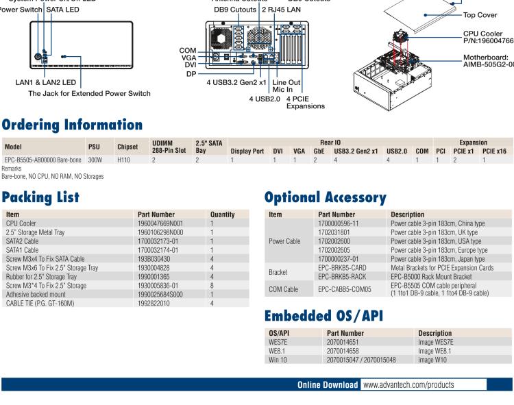 研華EPC-B5505 適配Intel? 第6/7代 Core ? i/Xeon E3系列處理器，搭載H110芯片組。標(biāo)準(zhǔn)4U上架，廣泛適用于各種行業(yè)。