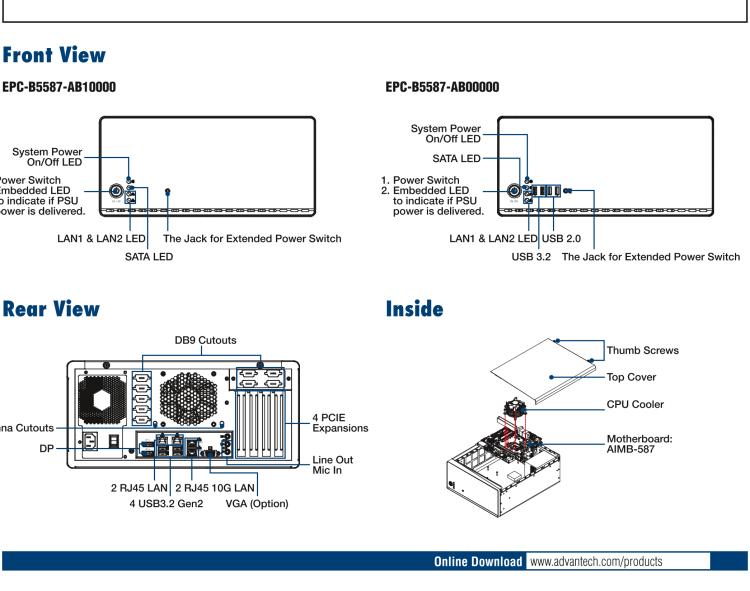 研華EPC-B5587 適配Intel? 第10代 Core i / Xeon W系列處理器，搭載W480E芯片組。標準4U上架，工業(yè)級品質(zhì)，穩(wěn)定可靠。廣泛適用于高端AI服務器等應用。