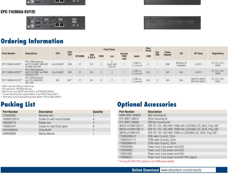 研華EPC-T4286 適配Intel? 第8/9代 Core? i 系列處理器，搭載H310芯片組。1U超薄高度，性能強(qiáng)勁。