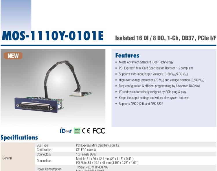 研華MOS-1110Y-0101E Isolated 16 DI / 8 DO, 1-Ch, DB37, PCIe I/F