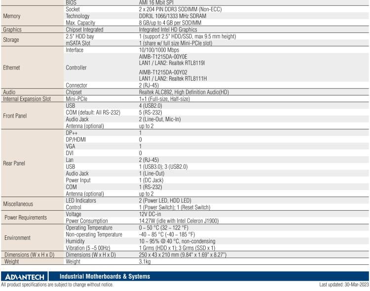 研華EPC-T1215 板載Intel? 第4代 賽揚(yáng) J1900 處理器。支持無風(fēng)扇設(shè)計(jì)，1U超薄高度，支持上架，高性價(jià)比解決方案。