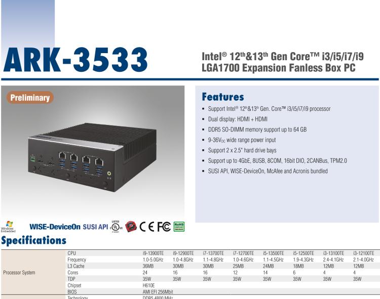 研華ARK-3533 Intel? 12&13th Gen Core? i3/i5/i7/i9 LGA1700 Expansion Fanless Box PC