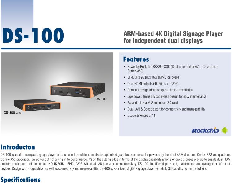 研華DS-100 基于ARM平臺的4K數(shù)字標(biāo)牌播放器,支持獨立雙顯