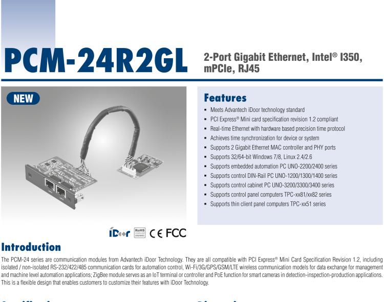 研華PCM-24R2GL 2端口千兆以太網(wǎng)，mPCIe，RJ45