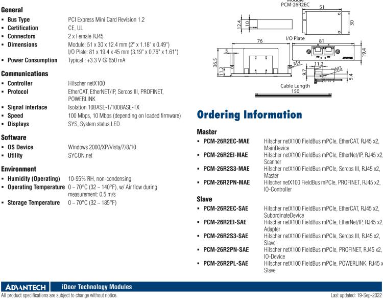 研華PCM-26R2PN 2端口 Hilscher netX100 現(xiàn)場(chǎng)總線 mPCIe, PROFINET, RJ45