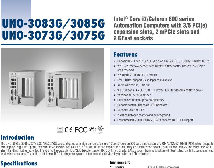 研華UNO-3085G Intel Core i-2655LE嵌入式無風扇工業(yè)電腦，帶5個PCI(e)擴展槽，2個Mini PCIe插槽，2個CFast插槽