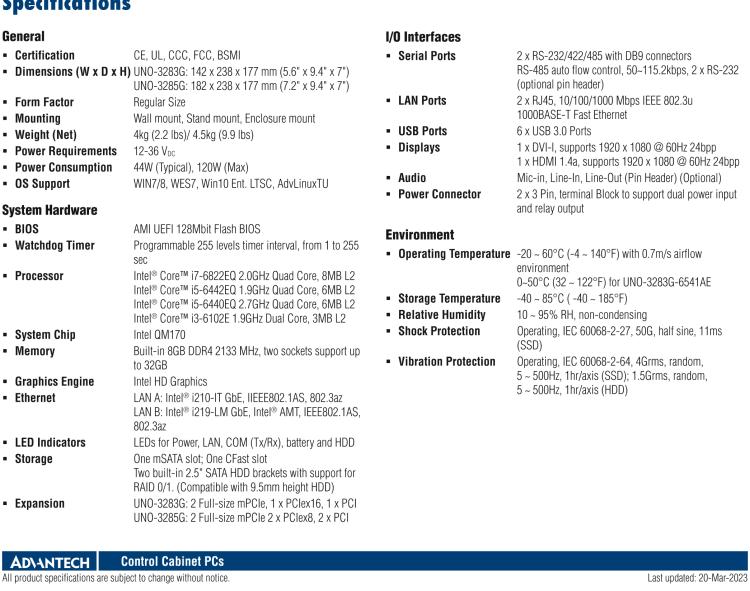 研華UNO-3283G 高效能嵌入式無風扇工業(yè)電腦，搭配Intel? Core? i 處理器，2×GbE, 2×mPCIe, HDMI, DVI-I