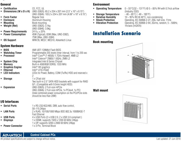 研華UNO-3382G Intel? Core? i7/Celeron控制柜PC，2 x GbE, 2 x mPCIe, HDMI/DP