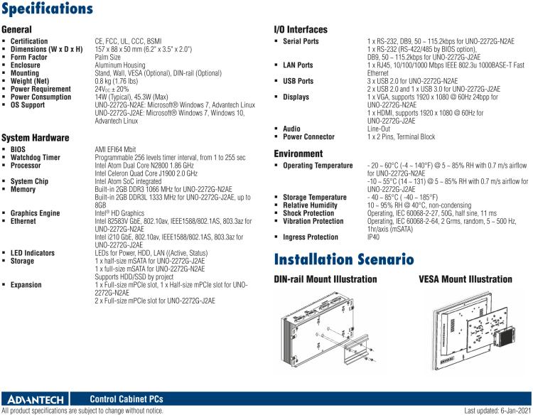 研華UNO-2272G 袖珍型嵌入式工控機(jī)，搭配Intel? Atom?處理器，1 x GbE, 2 x mPCIe, VGA/HDMI