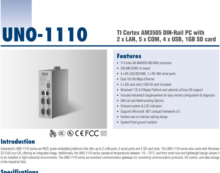 研華UNO-1110 導(dǎo)軌安裝型工業(yè)控制器，搭配TI Coretex AM3505 處理器，2×LAN，5×COM，4×USB，1 GB SD卡