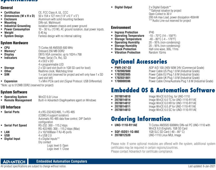 研華UNO-1110 導(dǎo)軌安裝型工業(yè)控制器，搭配TI Coretex AM3505 處理器，2×LAN，5×COM，4×USB，1 GB SD卡