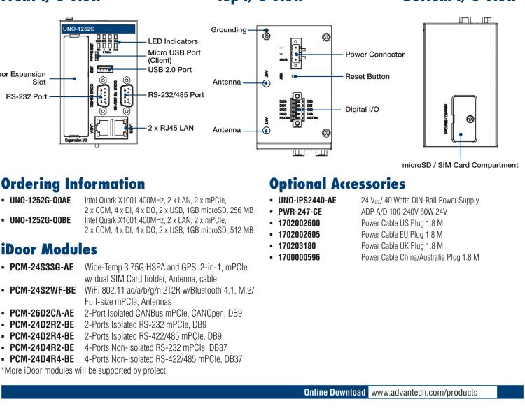 研華UNO-1252G 微型導軌安裝工業(yè)物聯(lián)網網關，搭配英特爾? Quark? 微控制器，2×LAN，2×mPCIe，2×COM，8×DI/O，2×USB，1×1GB microSD card，1×SIM