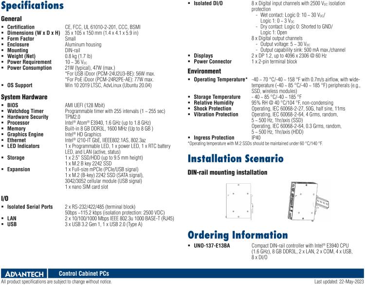 研華UNO-137 DIN導(dǎo)軌控制器，配備Intel?Atom?E3940 CPU、2個LAN、2個COM、3個USB 3.0、1個USB 2.0、2個DP 1.2、8個DI、8個DO、1個M.2、1個mPCIe、TPM 2.0