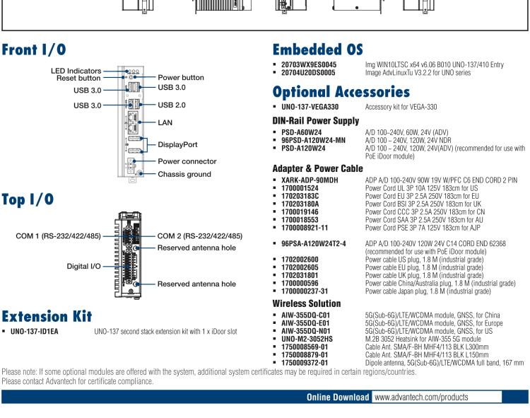 研華UNO-137 DIN導(dǎo)軌控制器，配備Intel?Atom?E3940 CPU、2個LAN、2個COM、3個USB 3.0、1個USB 2.0、2個DP 1.2、8個DI、8個DO、1個M.2、1個mPCIe、TPM 2.0