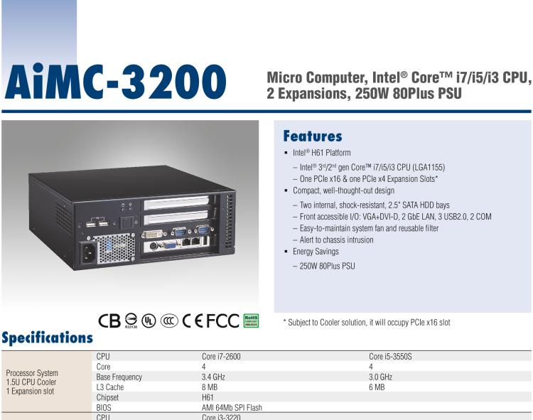 研華AiMC-3200 智能微型工控機(jī)，Intel Core i7/i5/i3 CPU,2 擴(kuò)展槽，250W 80 Plus PSU