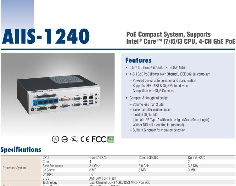 研華AIIS-1240 機器視覺工控機，支持英特爾酷睿? i7/i5/i 3 CPU,有源以太網緊湊型系統, 4通路千兆網供電