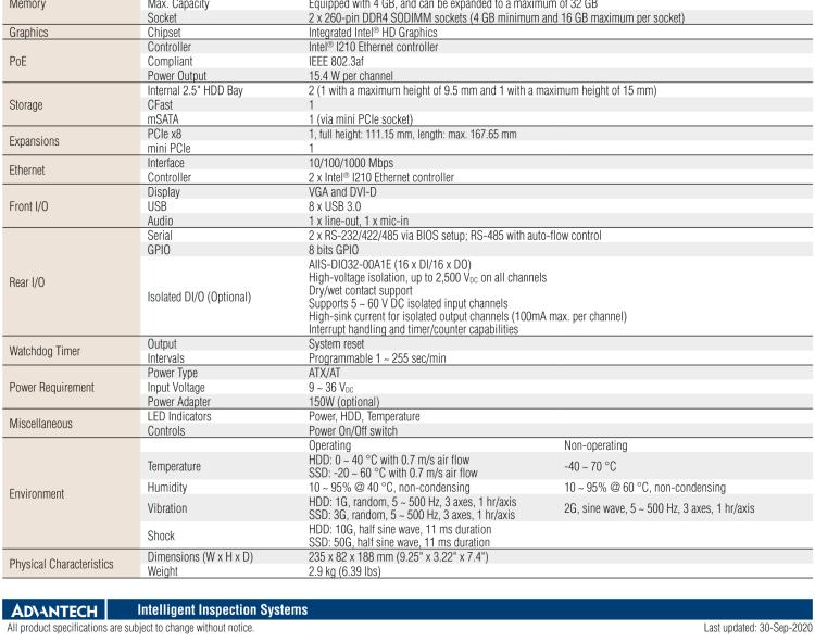 研華AIIS-5410P 無(wú)風(fēng)扇視覺(jué)系統(tǒng)，Intel Core? i 處理器，4通道 GigE PoE 相機(jī)界面和 PCIe 插槽