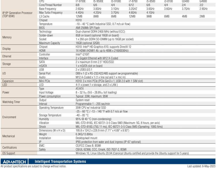 研華ITA-460E Water-resistant Fanless In-vehicle Computer with Intel? 8th/9th Gen Core? i CPU