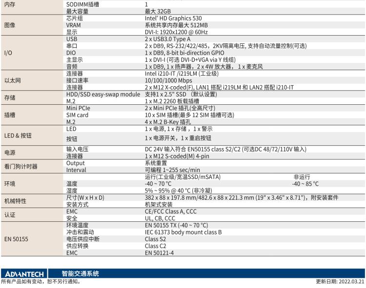 研華ITA-5231W 英特爾?第六代酷睿?i處理器無風(fēng)扇系統(tǒng)；符合EN 50155的鐵路應(yīng)用