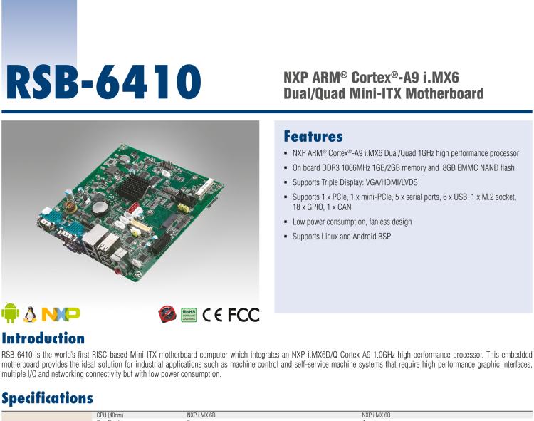 研華RSB-6410 基于NXP ARM Cortex-A9 i.MX6 Dual/Quad 的Mini-ITX工業(yè)主板， 支持Linux Yocto/Android