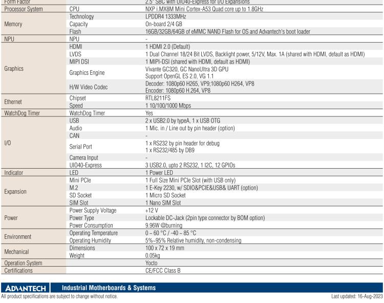 研華RSB-3730 基于NXP i.MX8M Cortex-A53 2.5" 單板電腦, 支持 UIO40-Express擴展