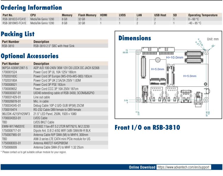 研華RSB-3810 基于聯(lián)發(fā)科Genio 1200 Cortex-A78&A55 平臺的2.5" 單板電腦, 支持 UIO40-Express擴(kuò)展