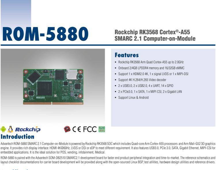 研華ROM-5880 基于瑞芯微RK3568平臺(tái)的SMARC2.1核心模塊