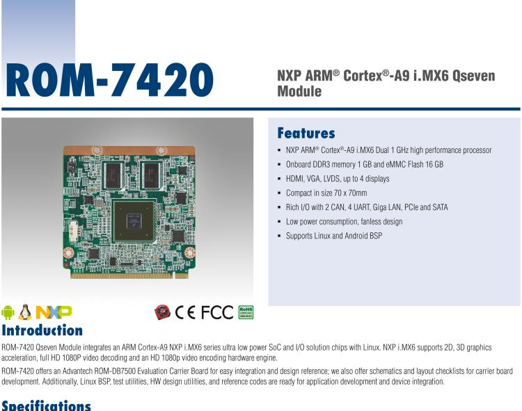 研華ROM-7420 基于NXP ARM Cortex-A9 i.MX6 Q7 核心板