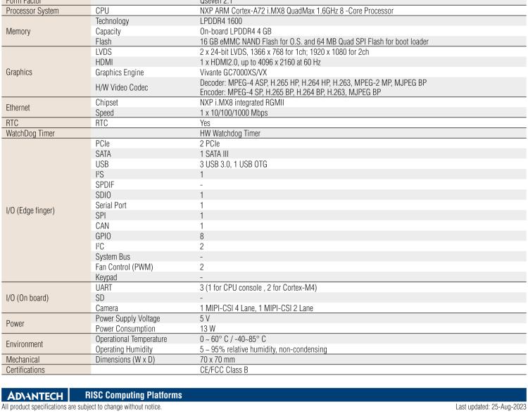 研華ROM-7720 基于NXP i.MX 8QM Qseven Arm核心模塊，多核異構(gòu)，具備優(yōu)異的計(jì)算及圖形顯示性能