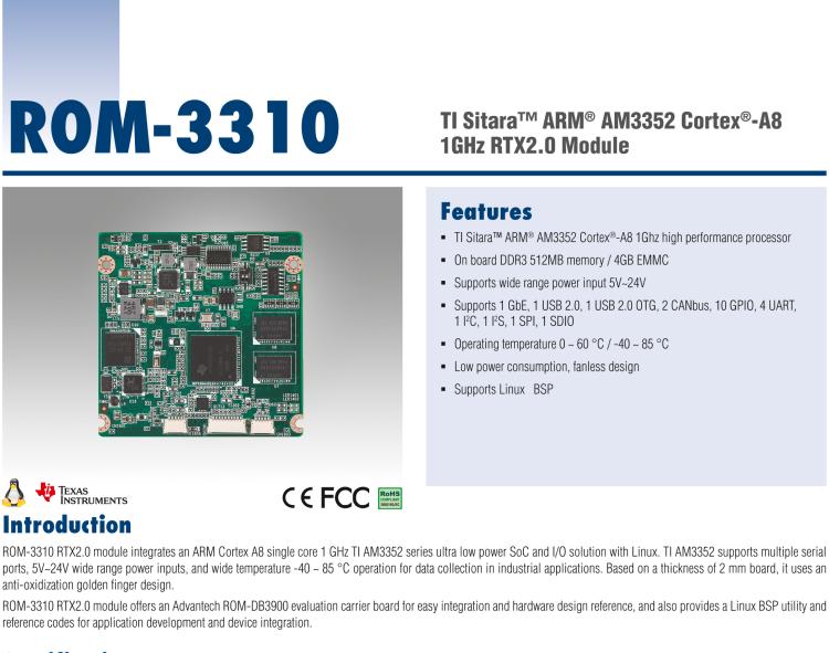 研華ROM-3310 基于TI AM3352 Cortex A8 1GHz RTX 2.0 的標(biāo)準(zhǔn)核心板，適用于寬溫抗震等工業(yè)自動(dòng)化領(lǐng)域