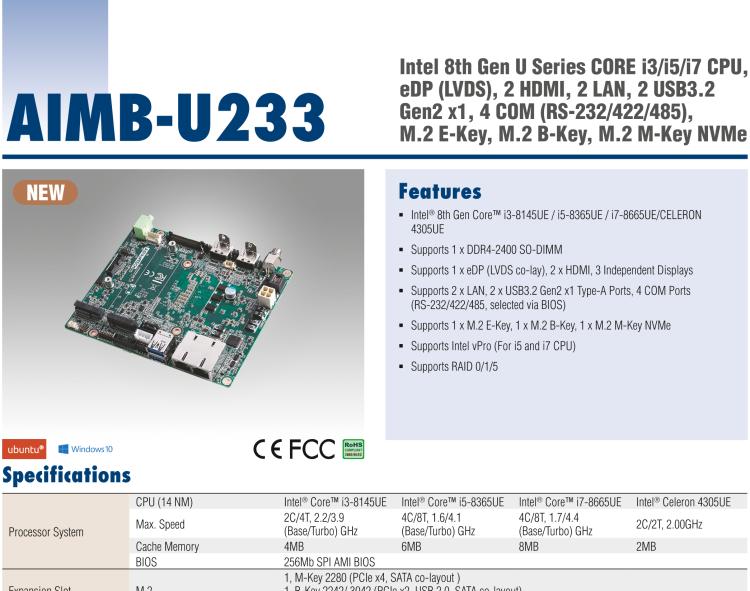 研華AIMB-U233 板載Intel 第8代 U系列 Core i3/i5/i7 處理器。低功耗高性能，無風(fēng)扇設(shè)計(jì)。