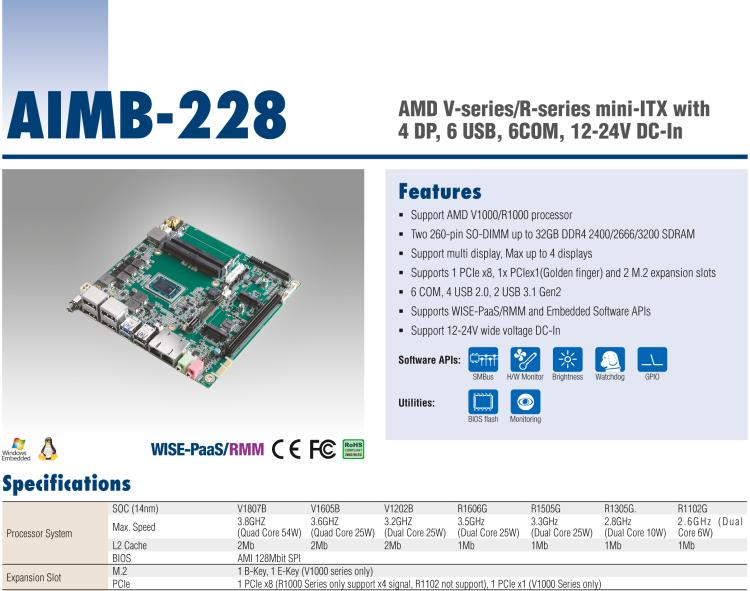 研華AIMB-228 板載AMD V系列/R系列處理器。超薄設(shè)計(jì)，支持寬壓，廣泛應(yīng)用在圖像處理、醫(yī)療影像等行業(yè)上。