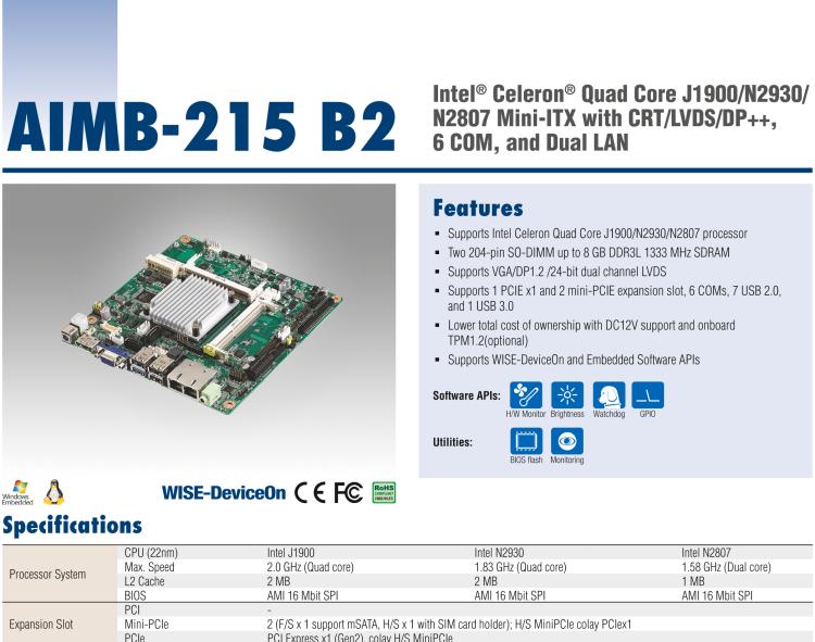 研華AIMB-215 板載Intel? 第4代 賽揚(yáng)處理器。豐富的擴(kuò)展，無風(fēng)扇設(shè)計，支持寬溫寬壓。