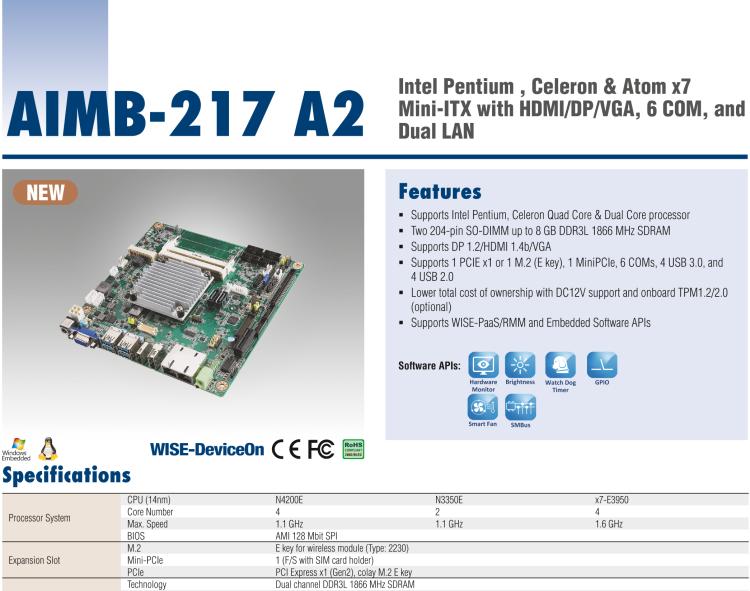 研華AIMB-217 板載Intel? 第6代 奔騰、賽揚(yáng)、凌動系列處理器。擁有多COM和雙千兆網(wǎng)口，超薄緊湊，無風(fēng)扇設(shè)計，支持寬溫。