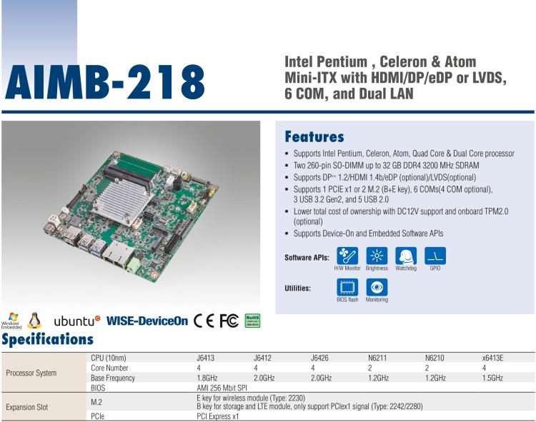 研華AIMB-218 板載Intel? 第8代 奔騰/賽揚(yáng)/凌動(dòng)系列處理器。支持獨(dú)立三顯，超薄緊湊，無風(fēng)扇設(shè)計(jì)，支持寬溫。