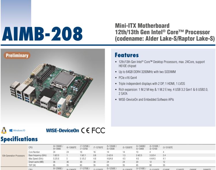 研華AIMB-208 適配Intel 第12/13代 Core i/奔騰系列處理器，搭載H110芯片組。高性價(jià)比，擁有豐富的擴(kuò)展接口，通用性強(qiáng)，穩(wěn)定可靠。