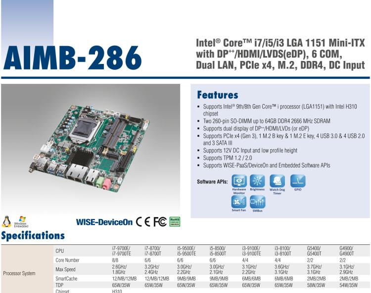 研華AIMB-286 Intel? 第8/9代 Core? i 系列處理器，搭載Intel H310芯片組。超薄設(shè)計，結(jié)構(gòu)緊湊。