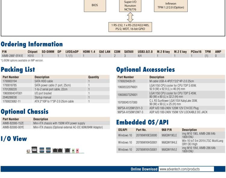 研華AIMB-286EF 適配Intel 第8/9代 Core i 處理器，搭載Intel H310芯片組。擁有1個PCIe x16插槽。超薄設(shè)計，接口豐富，是高端應(yīng)用中的高性價比方案。