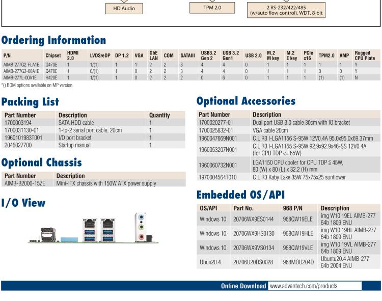 研華AIMB-277 適配Intel? 第10代 Core? i 系列處理器，搭載Q470E芯片組。性能強(qiáng)勁，適用于高端應(yīng)用領(lǐng)域。