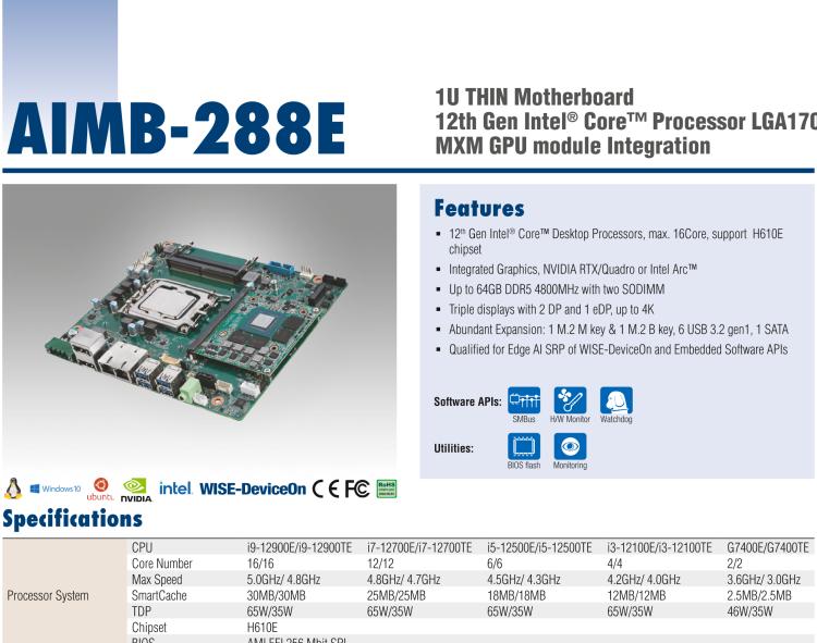 研華AIMB-288E 板載Intel 第12代 Core i 桌面級CPU。橫向顯卡插槽，搭配NVIDIA Quadro T1000 MXM顯卡。超薄散熱設(shè)計(jì)，高性能選擇方案。