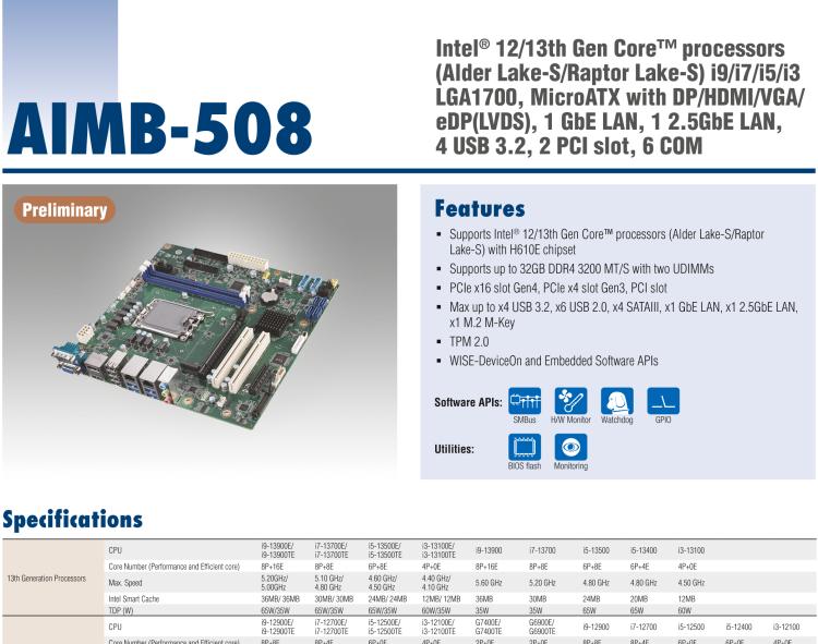 研華AIMB-508 適配Intel 第12/13代 Core i系列處理器，搭載H610E芯片組。擁有豐富的接口，性能強勁，高性價比解決方案。