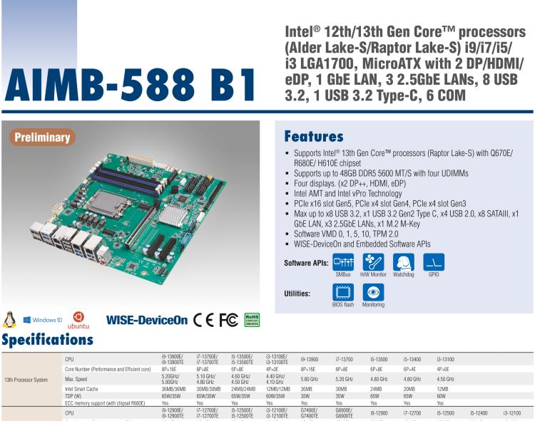 研華AIMB-588B1 適配Intel 第12/13代 Core i/奔騰系列處理器，搭載Q670E/R680E/H610E芯片組。性能可達服務(wù)器級別，獨立四顯，具備專業(yè)的圖像處理能力，是理想的行業(yè)解決方案。