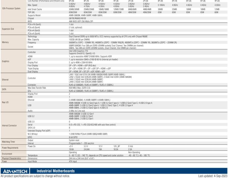 研華AIMB-588B1 適配Intel 第12/13代 Core i/奔騰系列處理器，搭載Q670E/R680E/H610E芯片組。性能可達服務(wù)器級別，獨立四顯，具備專業(yè)的圖像處理能力，是理想的行業(yè)解決方案。