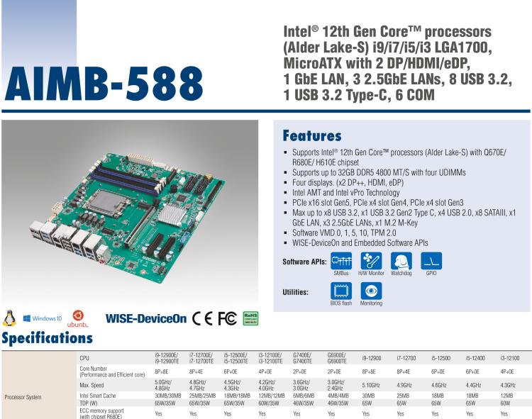 研華AIMB-588 適配Intel 第12代 Core i 系列處理器，搭載Q670E/ R680E/ H610E芯片組。高性能可達(dá)服務(wù)器級(jí)別高端產(chǎn)品，獨(dú)立四顯，專業(yè)的圖像處理能力，是理想的行業(yè)解決方案。