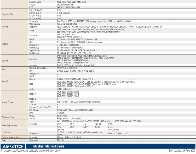 研華AIMB-588 適配Intel 第12代 Core i 系列處理器，搭載Q670E/ R680E/ H610E芯片組。高性能可達(dá)服務(wù)器級(jí)別高端產(chǎn)品，獨(dú)立四顯，專業(yè)的圖像處理能力，是理想的行業(yè)解決方案。