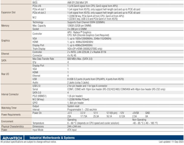 研華AIMB-522 適配AMD Ryzen? AM4 5000系列處理器，搭載X570芯片組。具有豐富接口，雙千兆網(wǎng)口和雙2.5GbE網(wǎng)口設(shè)計，用于自動化和人工智能圖像處理等高端行業(yè)。